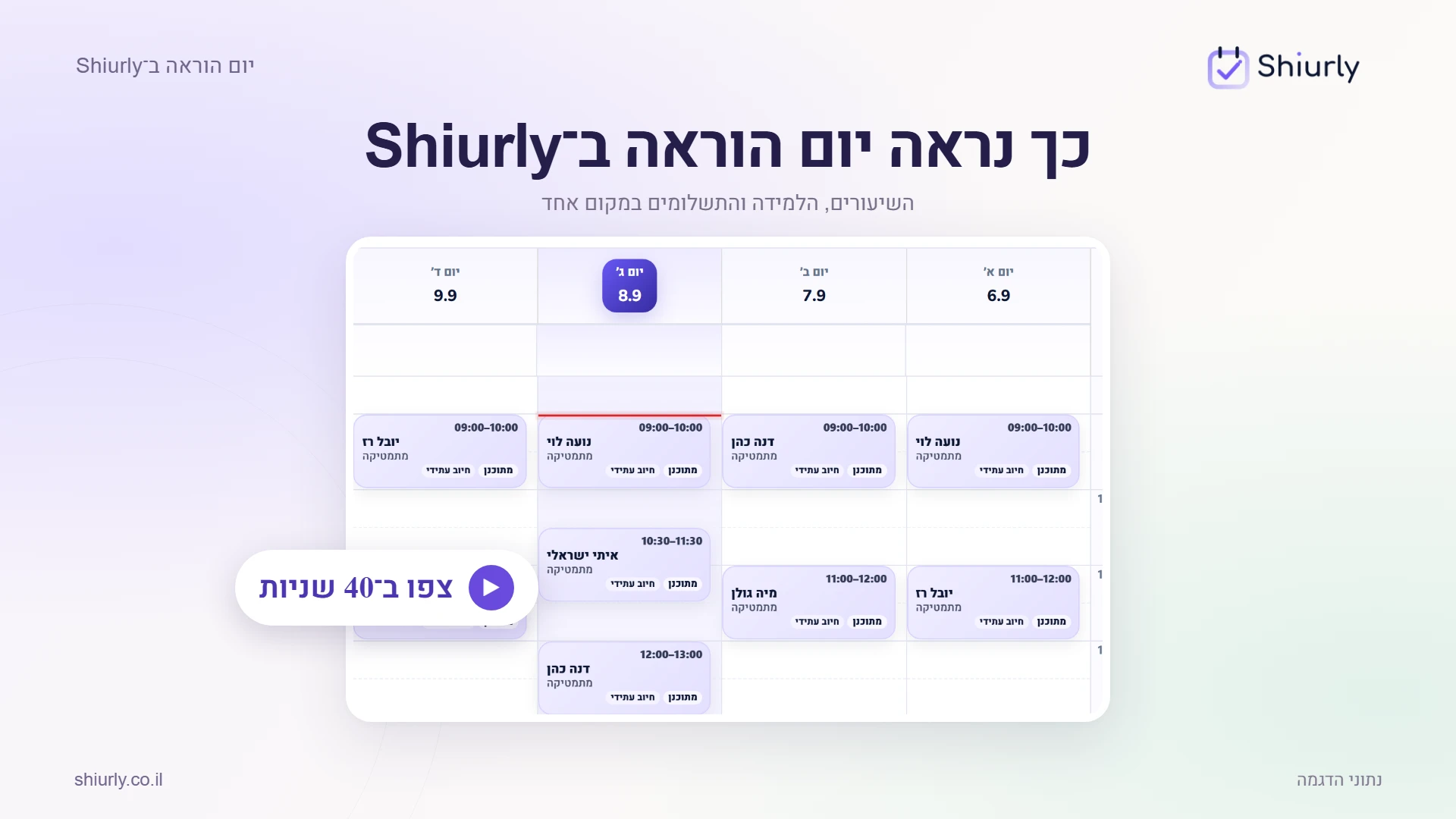 סיור של 40 שניות ב־Shiurly: שיעורים, למידה ותשלומים, עם נתונים פיקטיביים